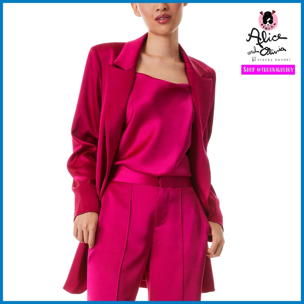 Alice + Olivia Denny Notch Collar Raspberry Pink Boyfriend Satin Blazer Jacket